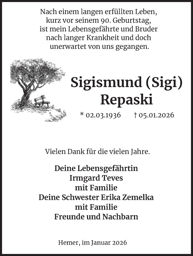  Traueranzeige für Sigismund Repaski vom 31.01.2026 aus Tageszeitung