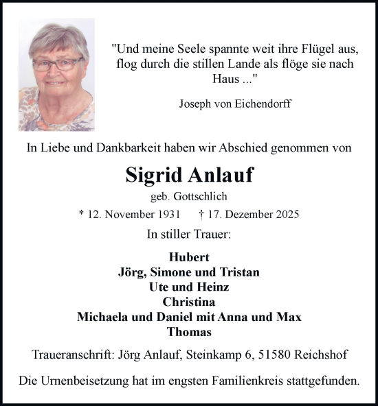 Traueranzeige von Sigrid Anlauf von Tageszeitung