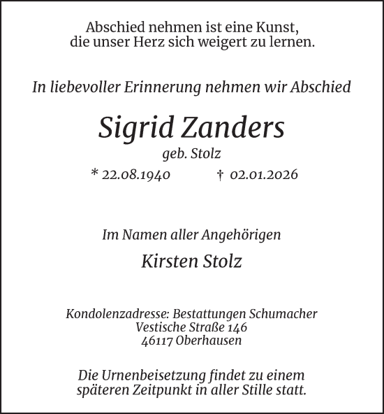 Traueranzeige von Sigrid Zanders von Tageszeitung