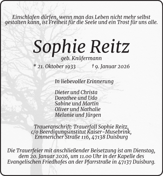 Traueranzeige von Sophie Reitz von Tageszeitung