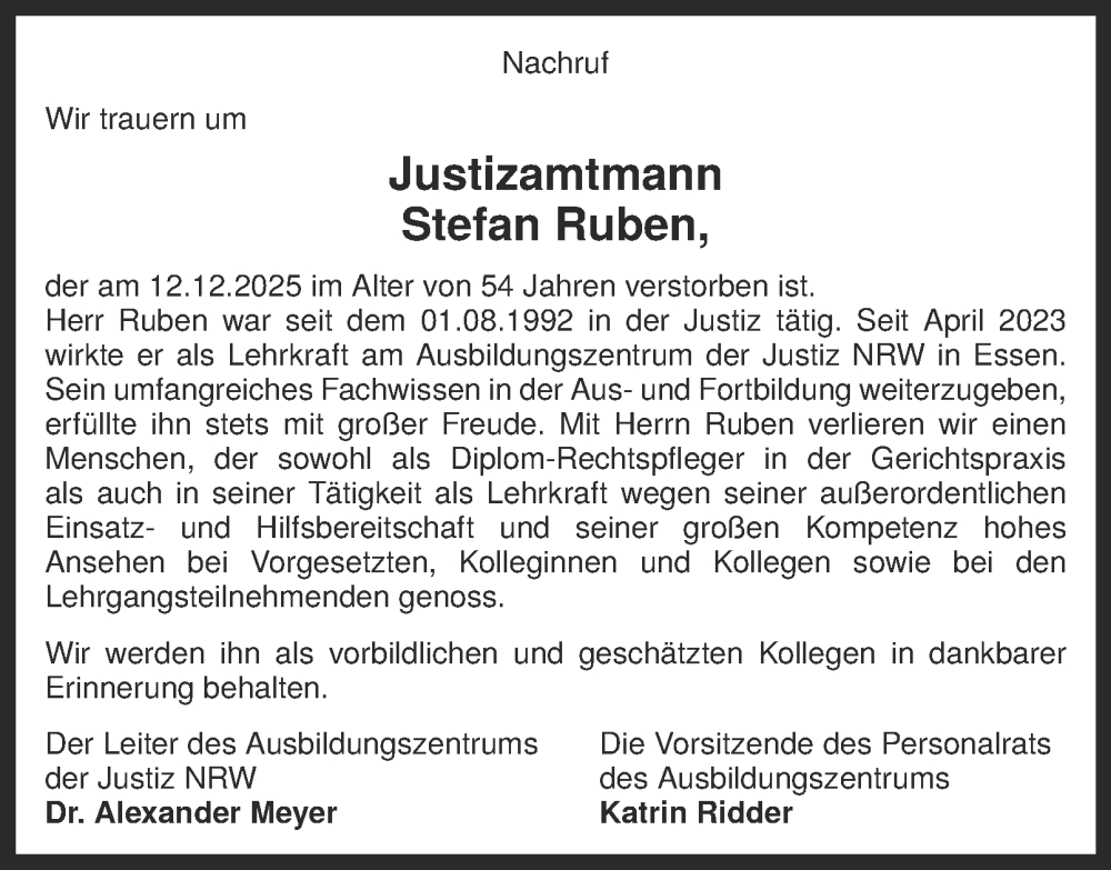  Traueranzeige für Stefan Ruben vom 10.01.2026 aus Tageszeitung