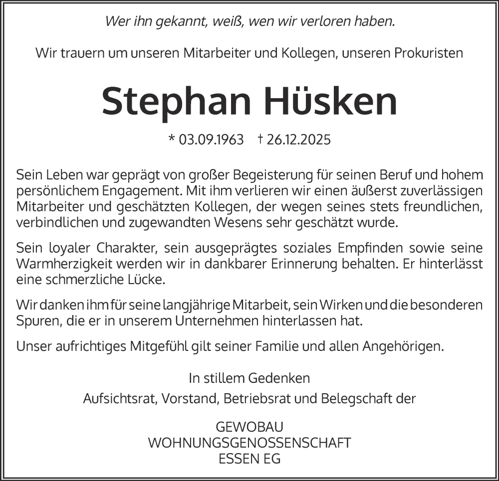  Traueranzeige für Stephan Hüsken vom 10.01.2026 aus Tageszeitung