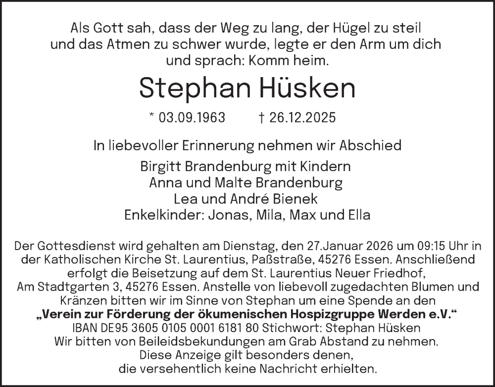  Traueranzeige für Stephan Hüsken vom 24.01.2026 aus Tageszeitung