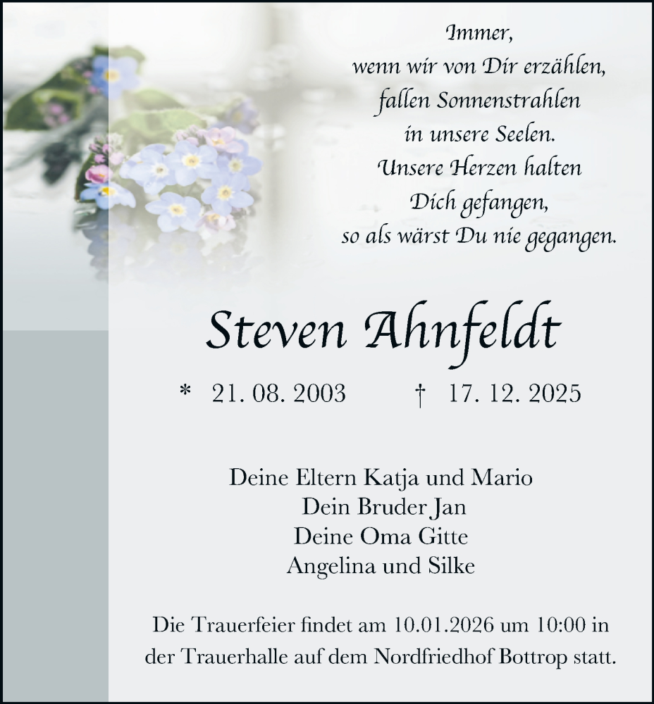  Traueranzeige für Steven Ahnfeldt vom 10.01.2026 aus Tageszeitung