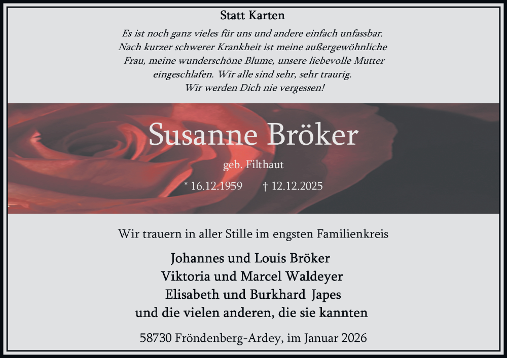  Traueranzeige für Susanne Bröker vom 10.01.2026 aus Tageszeitung