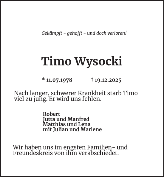 Traueranzeige von Timo Wysocki von Tageszeitung