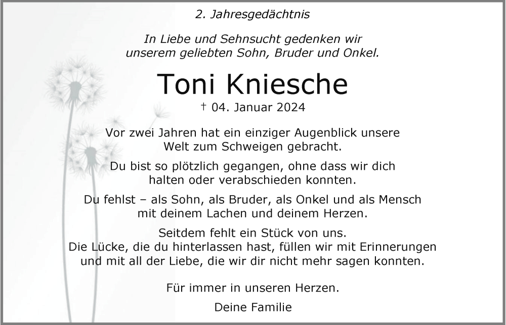  Traueranzeige für Toni Kniesche vom 10.01.2026 aus Tageszeitung