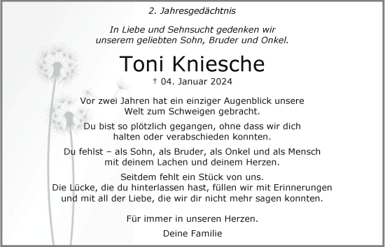 Traueranzeige von Toni Kniesche von Tageszeitung