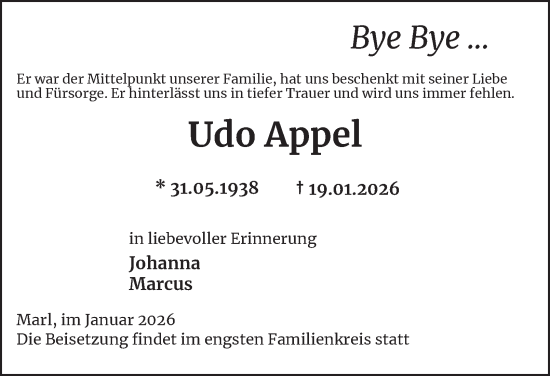 Traueranzeige von Udo Appel von Tageszeitung