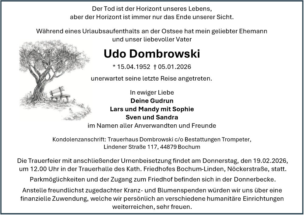  Traueranzeige für Udo Dombrowski vom 31.01.2026 aus Tageszeitung