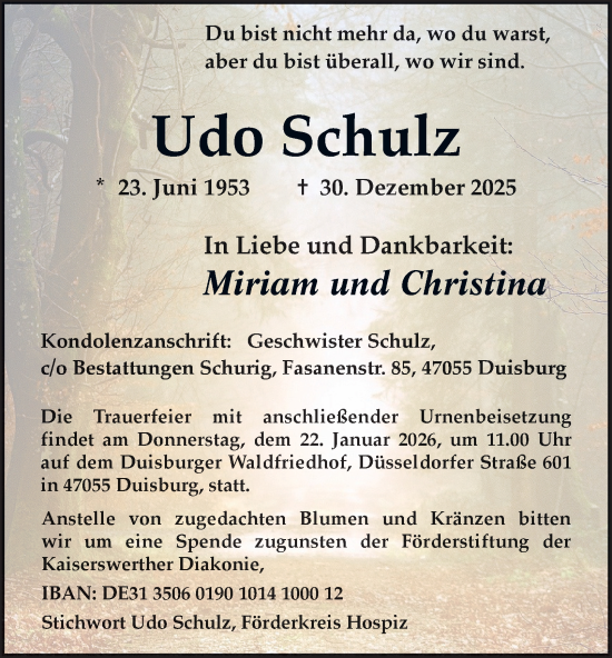 Traueranzeige von Udo Schulz von Tageszeitung