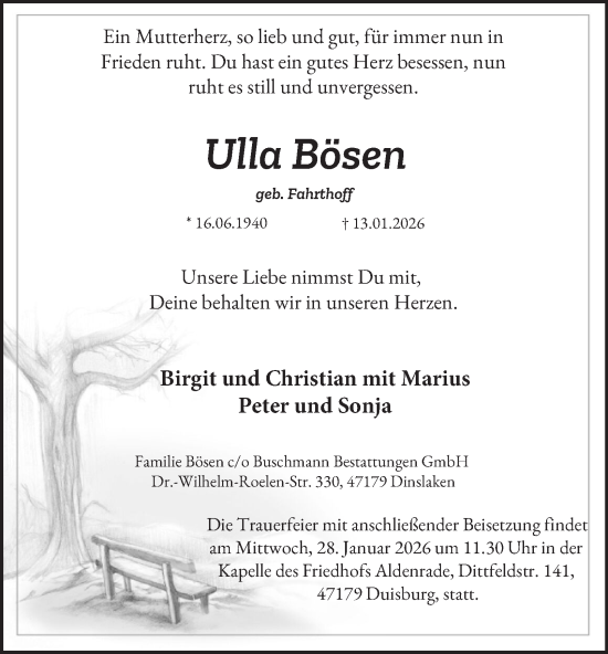 Traueranzeige von Ulla Bösen von Tageszeitung