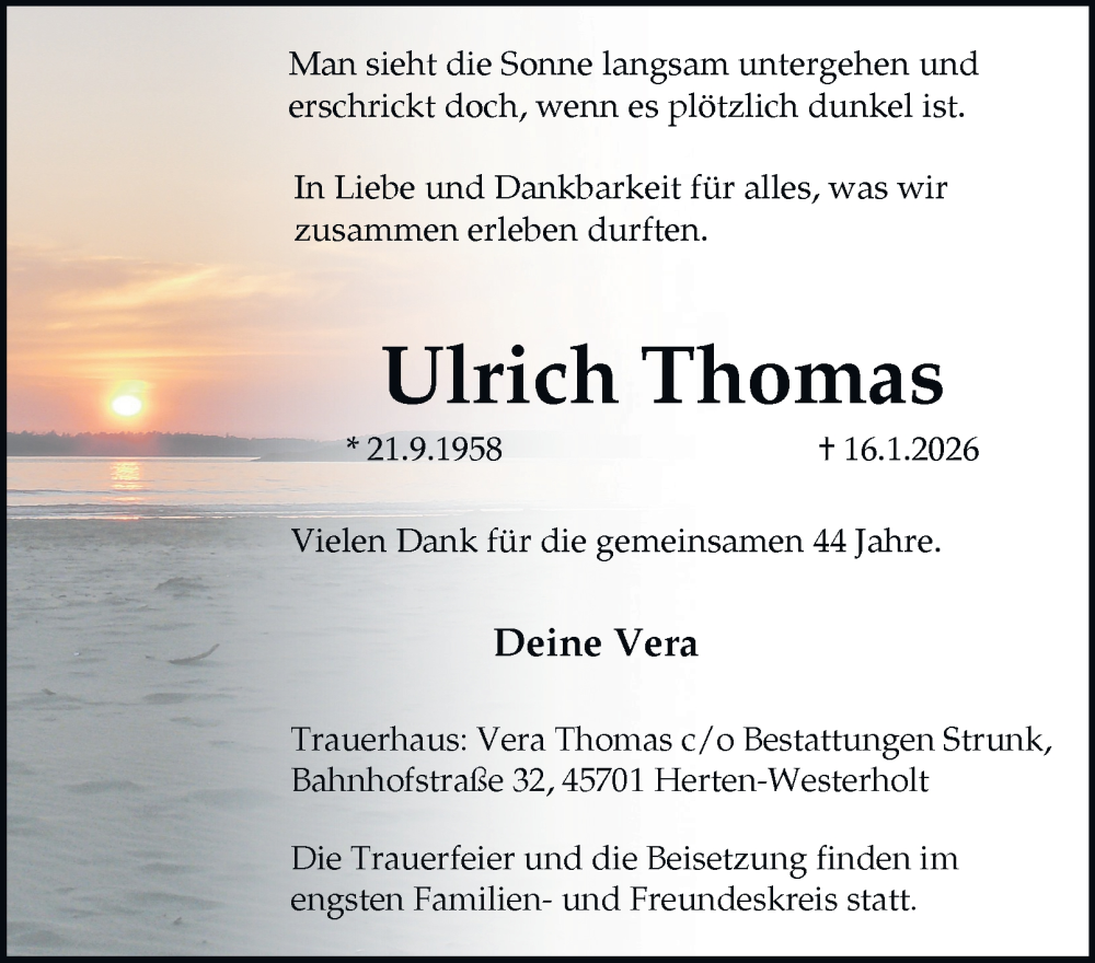  Traueranzeige für Ulrich Thomas vom 24.01.2026 aus Tageszeitung