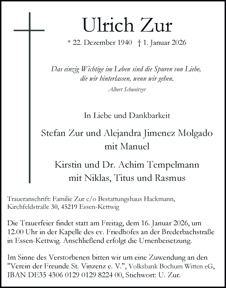 Traueranzeige für Ulrich Zur vom 10.01.2026 aus Tageszeitung