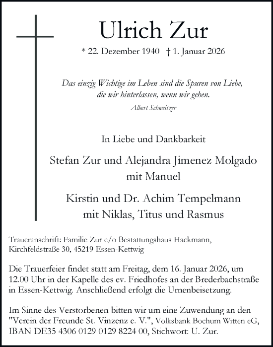 Traueranzeige von Ulrich Zur von Tageszeitung