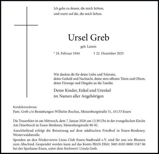 Traueranzeige von Ursel Greb von Tageszeitung