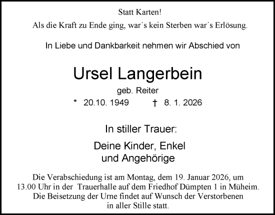 Traueranzeige von Ursel Langerbein von Tageszeitung