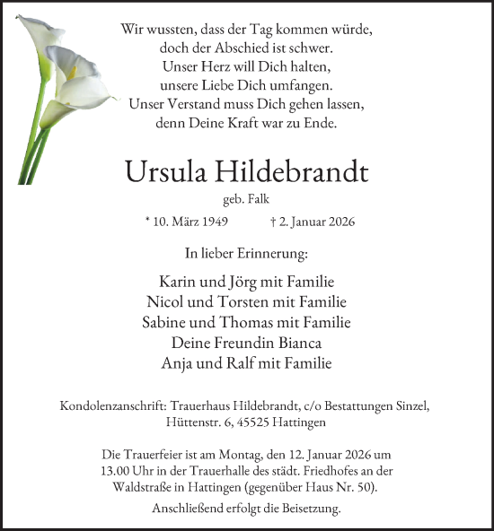 Traueranzeige von Ursula Hildebrandt von Tageszeitung