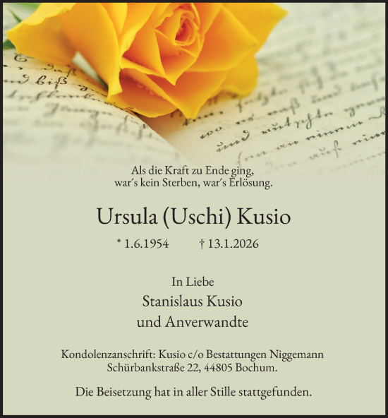Traueranzeige von Ursula Kusio von Tageszeitung