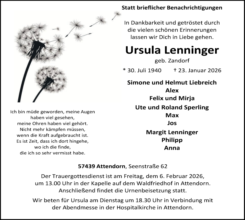  Traueranzeige für Ursula Lenninger vom 31.01.2026 aus Tageszeitung