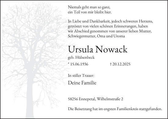 Traueranzeige von Ursula Nowack von Tageszeitung