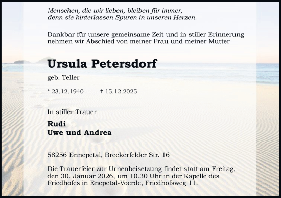 Traueranzeige von Ursula Petersdorf von Tageszeitung