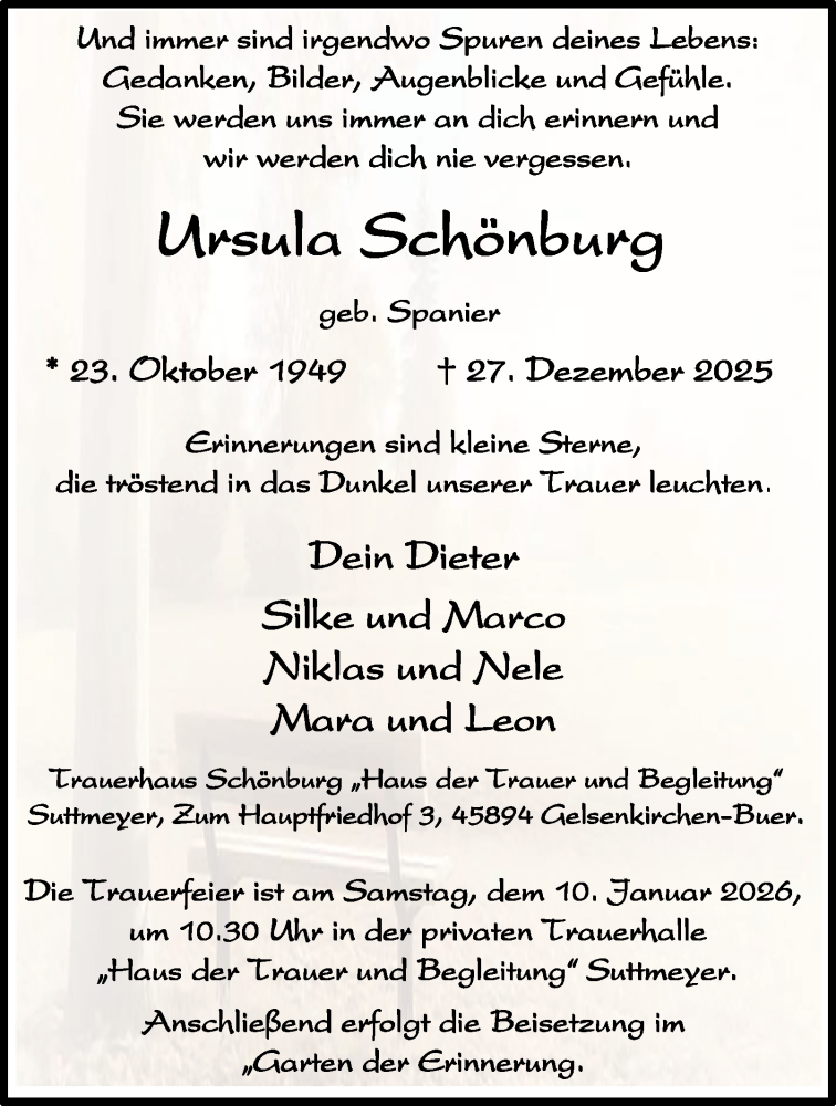  Traueranzeige für Ursula Schönburg vom 03.01.2026 aus Tageszeitung