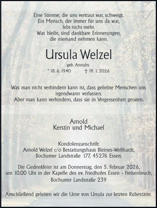 Traueranzeige von Ursula Welzel von Tageszeitung