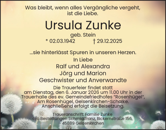 Traueranzeige von Ursula Zunke von Tageszeitung