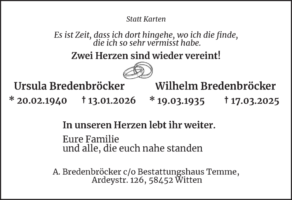  Traueranzeige für Ursula und Wilhelm Bredenbröcker vom 24.01.2026 aus Tageszeitung