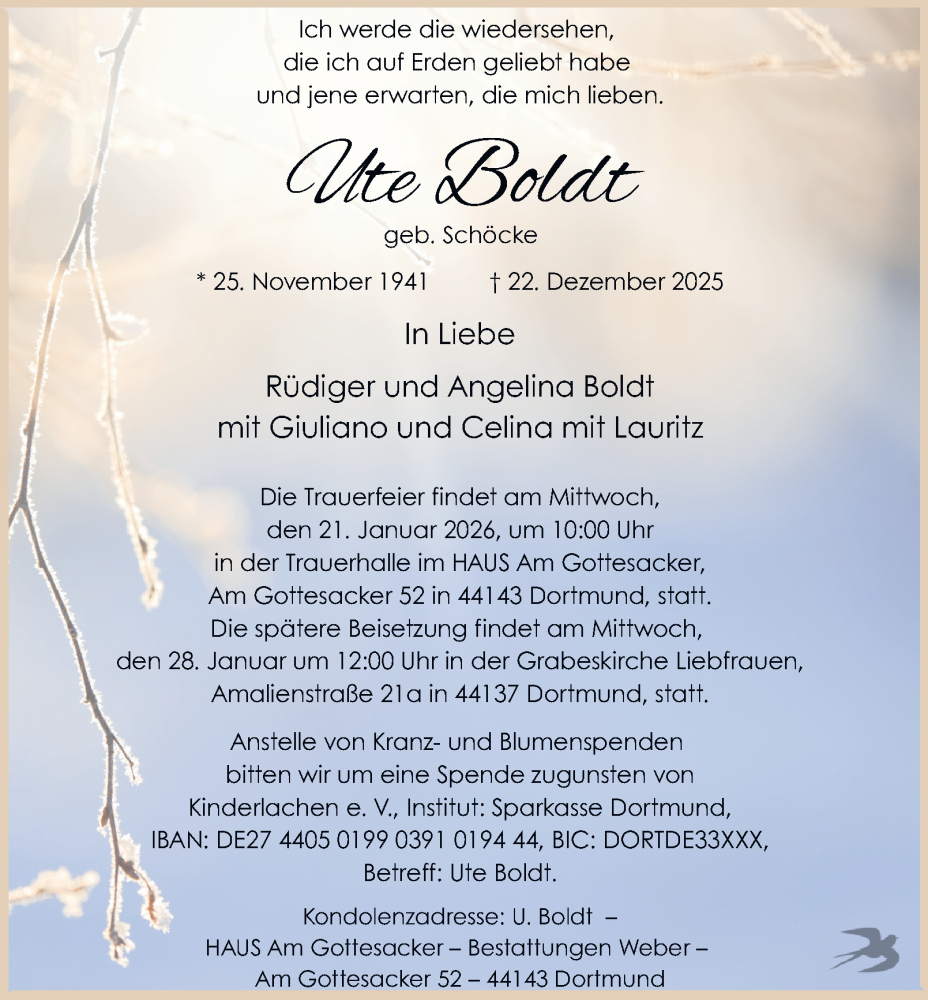  Traueranzeige für Ute Boldt vom 17.01.2026 aus Tageszeitung