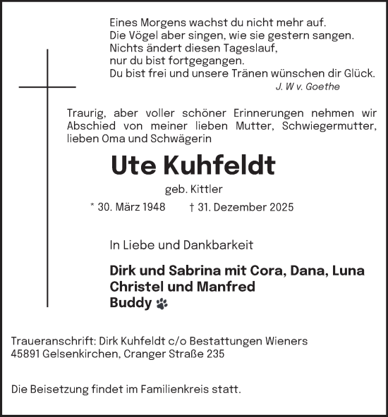 Traueranzeige von Ute Kuhfeldt von Tageszeitung