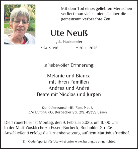 Traueranzeige von Ute Neuß von Tageszeitung