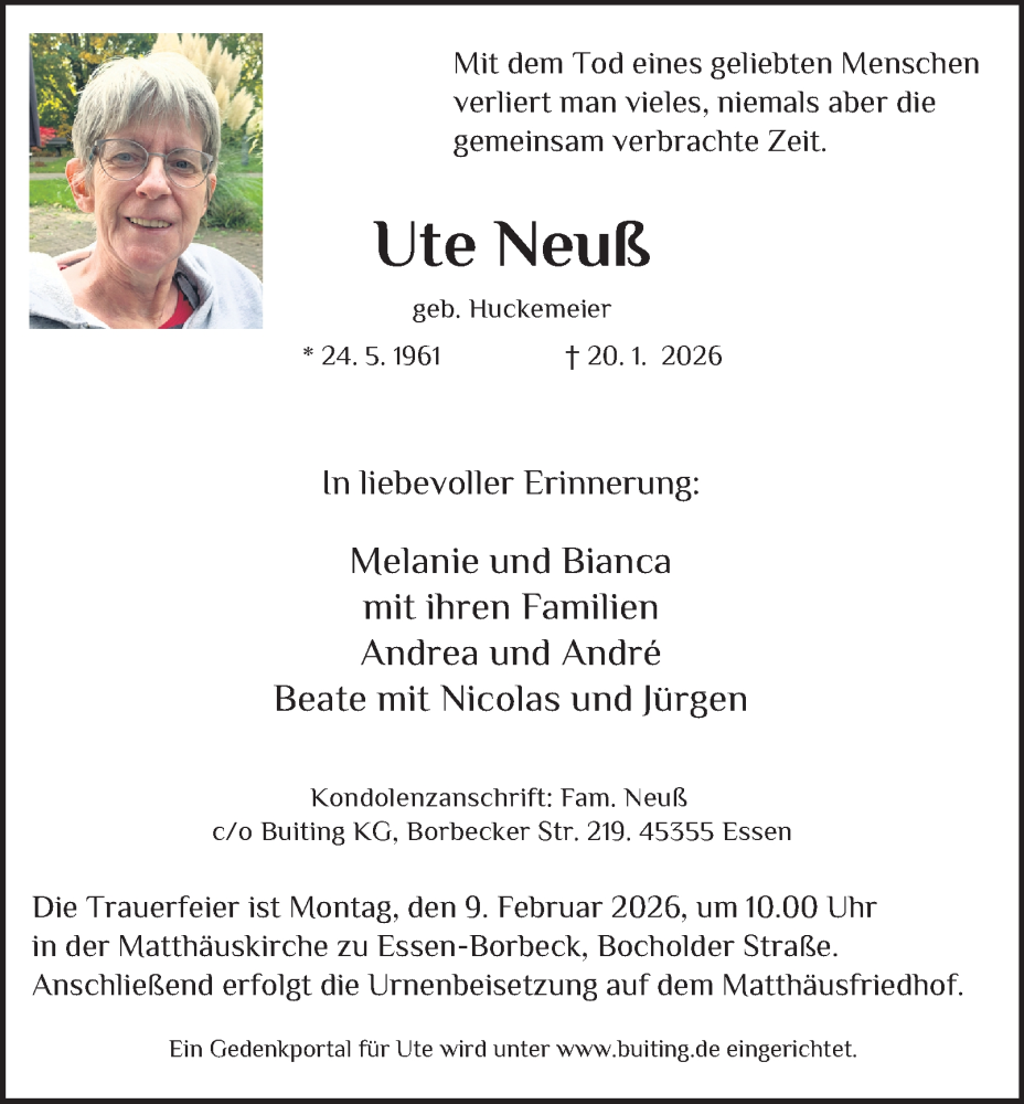  Traueranzeige für Ute Neuß vom 31.01.2026 aus Tageszeitung