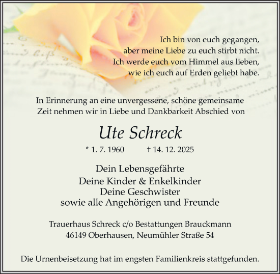 Traueranzeige von Ute Schreck von Tageszeitung
