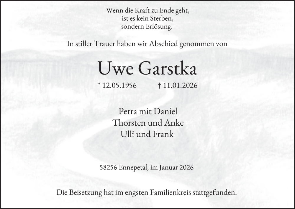  Traueranzeige für Uwe Garstka vom 31.01.2026 aus Tageszeitung