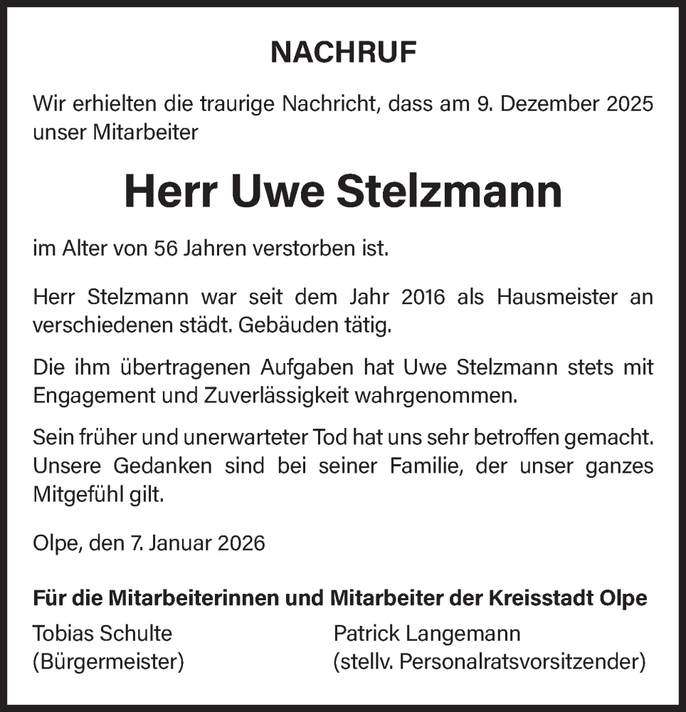  Traueranzeige für Uwe Stelzmann vom 10.01.2026 aus Tageszeitung