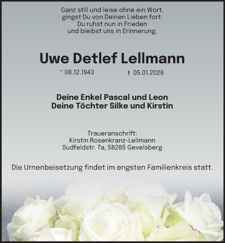  Traueranzeige für Uwe Detlef Lellmann vom 10.01.2026 aus Tageszeitung