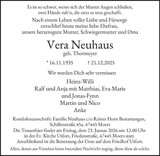 Traueranzeige von Vera Neuhaus von Tageszeitung
