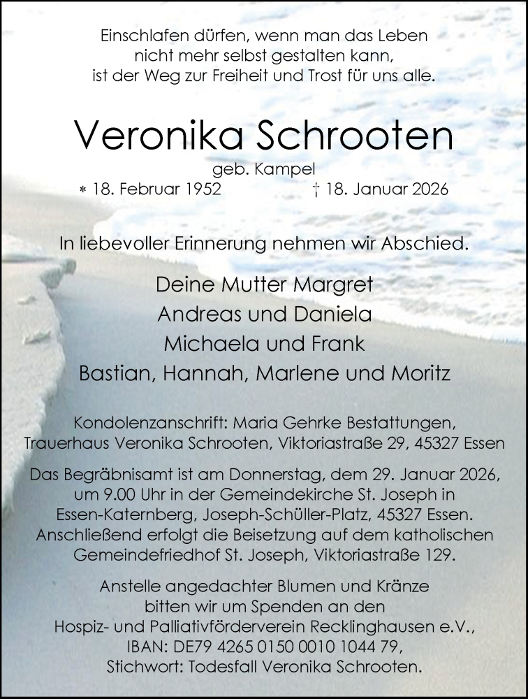  Traueranzeige für Veronika Schrooten vom 24.01.2026 aus Tageszeitung