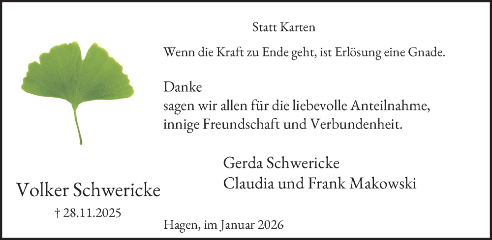  Traueranzeige für Volker Schwericke vom 17.01.2026 aus Tageszeitung