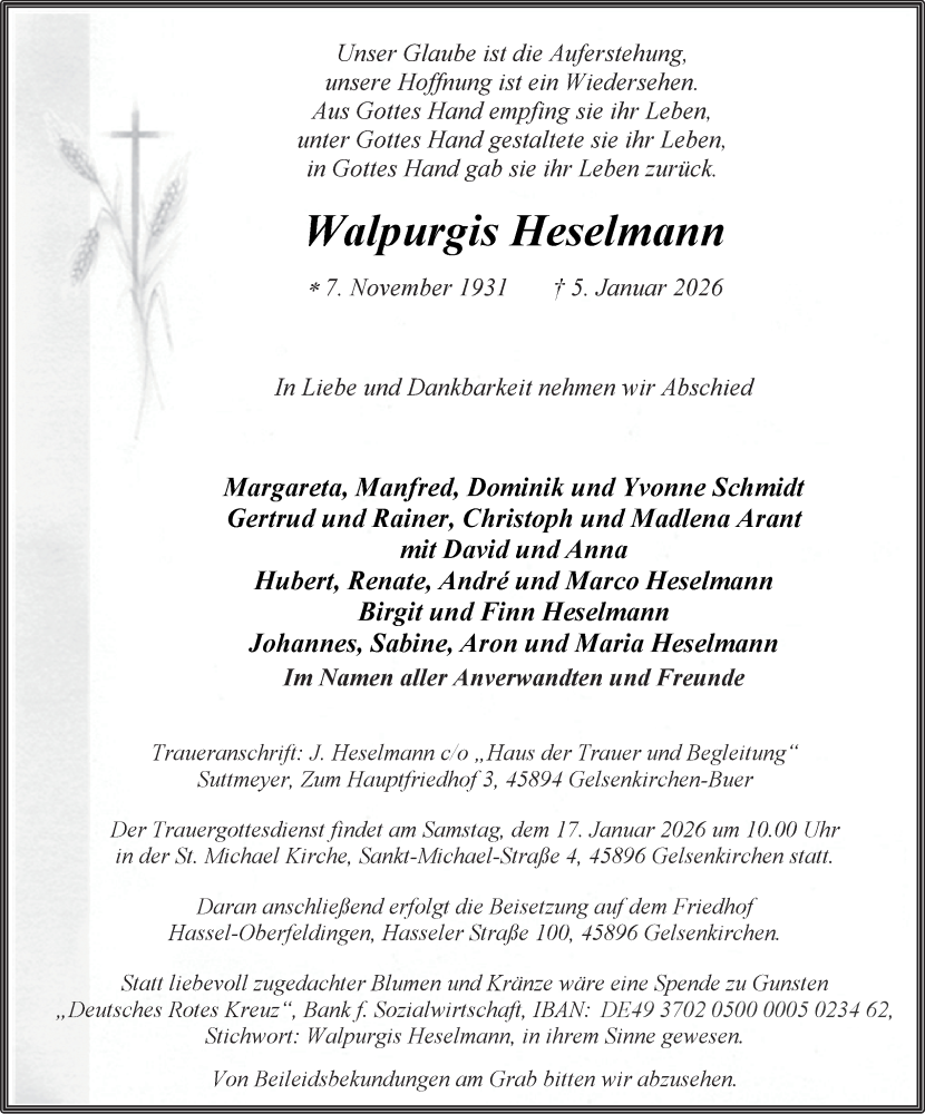  Traueranzeige für Walpurgis Heselmann vom 10.01.2026 aus Tageszeitung