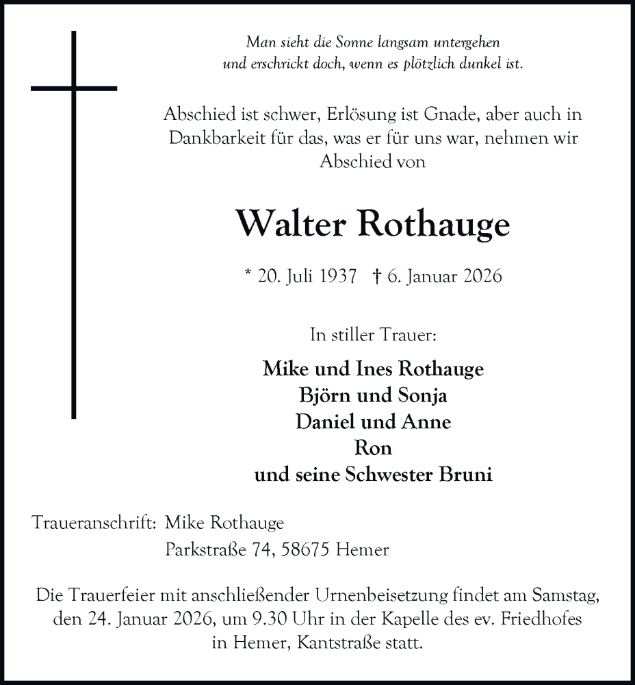  Traueranzeige für Walter Rothauge vom 17.01.2026 aus Tageszeitung