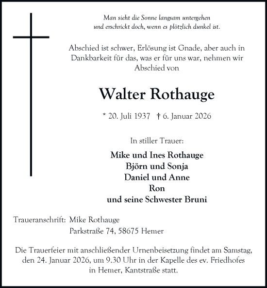 Traueranzeige von Walter Rothauge von Tageszeitung