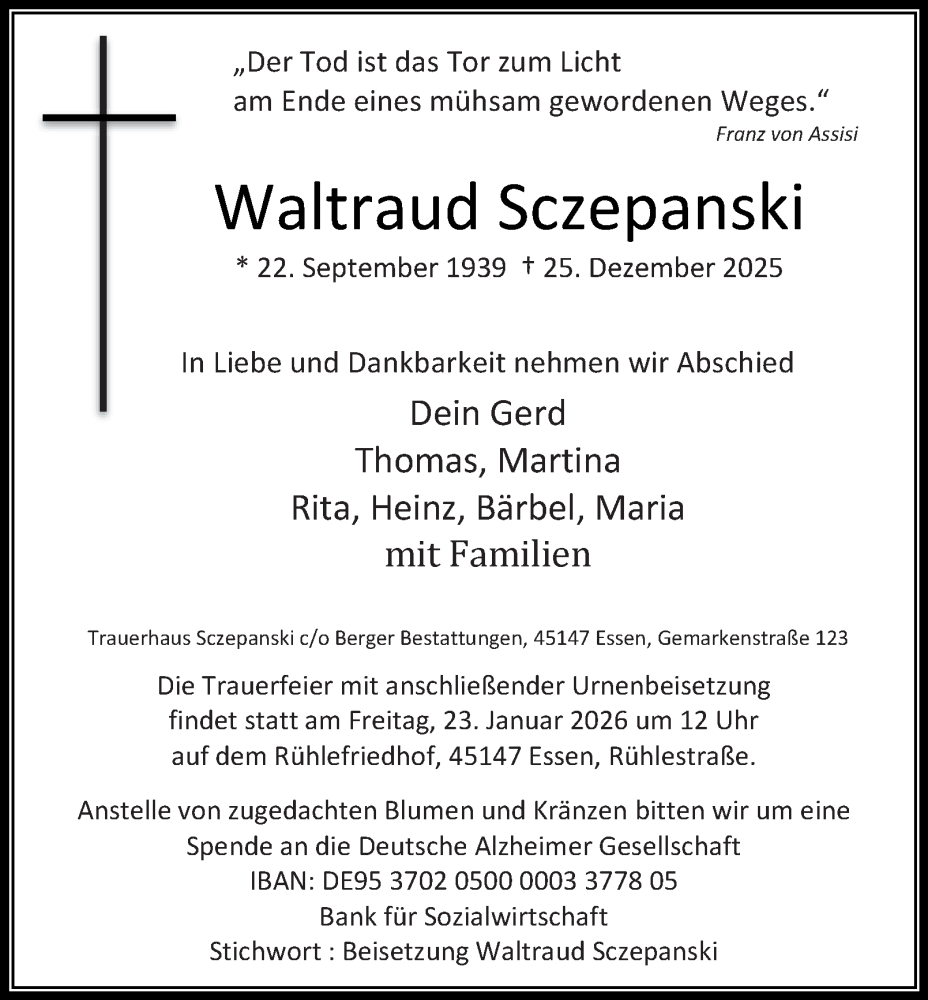  Traueranzeige für Waltraud Sczepanski vom 17.01.2026 aus Tageszeitung
