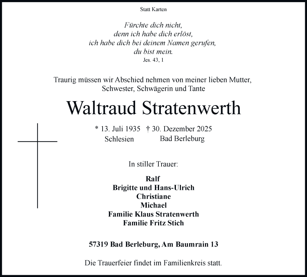  Traueranzeige für Waltraud Stratenwerth vom 07.01.2026 aus Tageszeitung