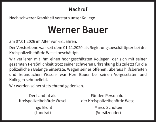 Traueranzeige von Werner Bauer von Tageszeitung