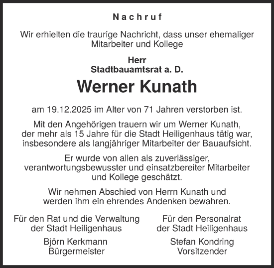 Traueranzeige von Werner Kunath von Tageszeitung