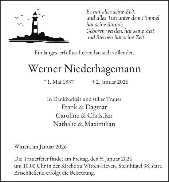 Traueranzeige von Werner Niederhagemann von Tageszeitung