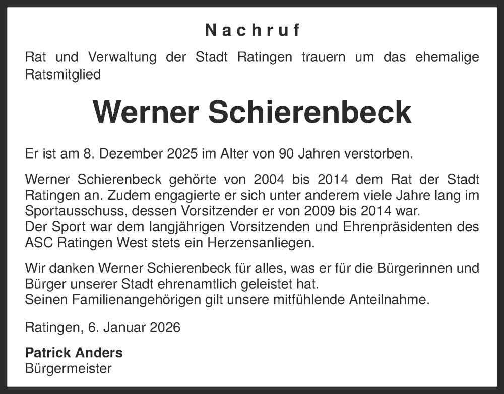  Traueranzeige für Werner Schierenbeck vom 10.01.2026 aus Tageszeitung